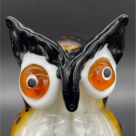 Art Glass Owl Paperweight Handmade Bird Black Orange Big Eyes Kitschy Woodland - Picture 7 of 9